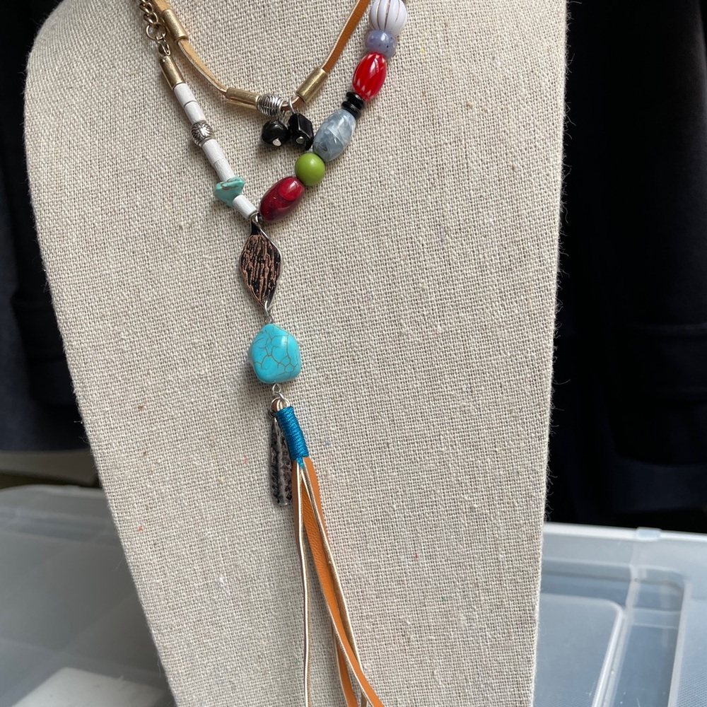 Colorful Beaded Lariat Layered Necklace with Turquoise & Silver Charms - Picture 12 of 16